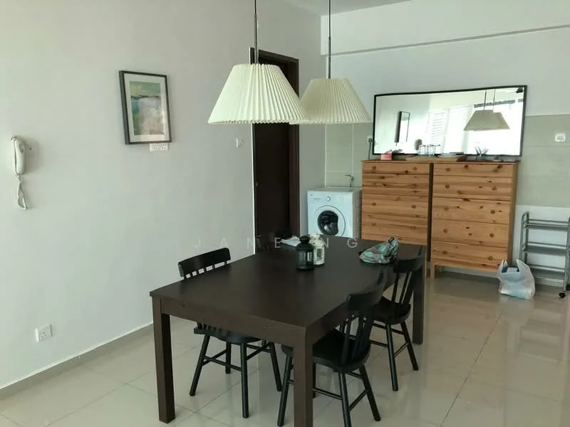 Dining features: black dining table, 4 black dining chairs, pendant lighting with white lampshades, framed artwork on wall, mirror on wall, wooden dresser with multiple drawers, white walls, glossy tile flooring, washing machine in corner; style: modern.