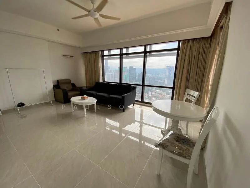 Living features: floor-to-ceiling windows, city view, 3-seater fabric sofa in black, 2-seater fabric sofa in grey, round coffee table, white dining table, 4 dining chairs, ceiling fan, marble tile flooring, curtains, decorative wall light; style: modern; view: city.