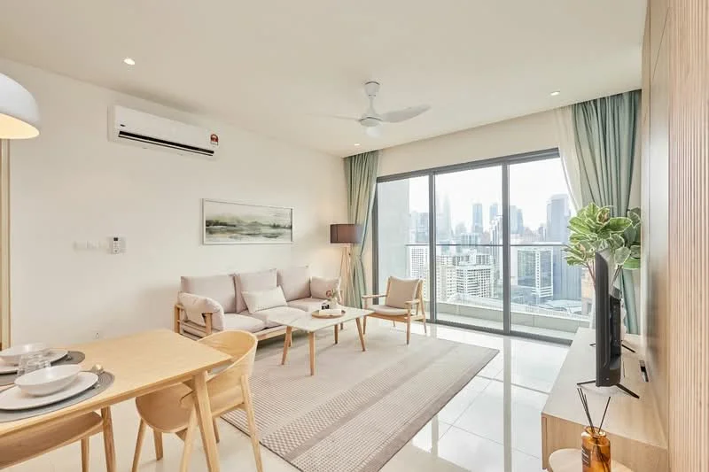 Living features: 3-seater fabric sofa in light grey, 2 armchairs in beige, coffee table, TV console, wall-mounted TV, area rug with neutral tones, floor-to-ceiling windows, curtains in light green, recessed downlights, 1 wall-mounted split AC, decorative wall art, light wood side table; style: modern; view: city.