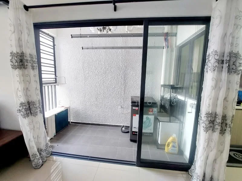 Laundry features: sliding glass door, white painted walls, grey tiled flooring, ceiling light fixture, window with horizontal slats, built-in shelving unit, washing machine, vacuum cleaner, cleaning supplies, decorative curtain, open space for drying clothes; style: modern.