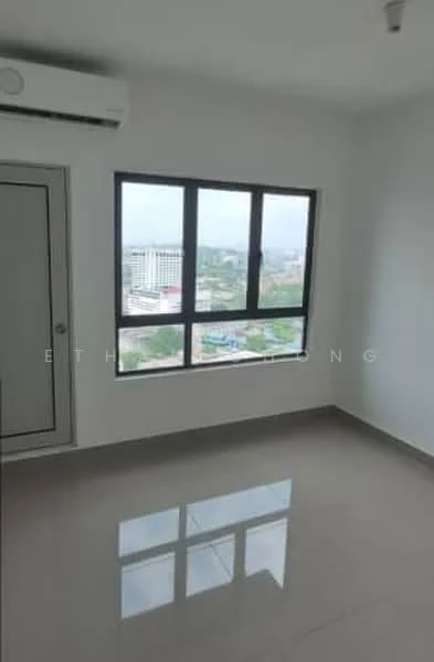 Room features: white painted walls, grey tiled flooring, floor-to-ceiling windows, 1 wall-mounted split AC, city view, light fixture on ceiling; style: modern; view: city.