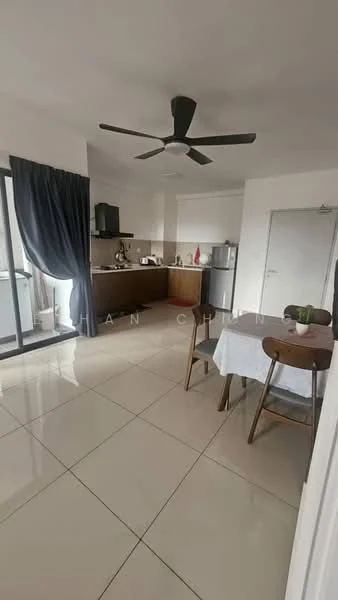 Kitchen features: white painted walls, glossy tile flooring, ceiling fan, kitchen cabinets in wood finish, stainless-steel fridge, built-in oven, freestanding range oven, sink, countertop, dining table with four chairs, window with sheer curtains; style: modern.
