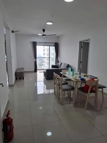 Living features: grey fabric sofa, 3-seater sofa, coffee table, dining table with 4 chairs, floor-to-ceiling windows, curtains, ceiling fan, wall-mounted TV, polished ceramic tile flooring, white painted walls, decorative wall art, fire extinguisher; style: modern; view: city.