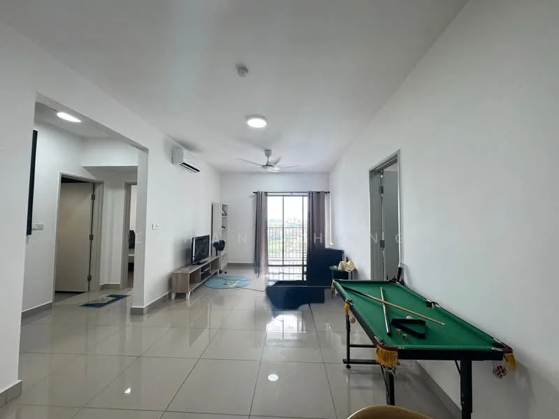 Living features: white painted walls, glossy ceramic tile flooring, 5-blade ceiling fan with light, sofa in dark blue, coffee table, TV console, wall-mounted TV, floor-to-ceiling windows, curtains, balcony door, pool table, decorative rug; style: modern; view: city.