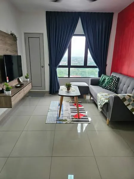 Living features: grey fabric sofa, coffee table, TV console, wall-mounted TV, area rug with geometric pattern, floor-to-ceiling windows, blue curtains, white walls, red accent wall, decorative plants, light grey tile flooring, ceiling fan; style: modern; view: city.