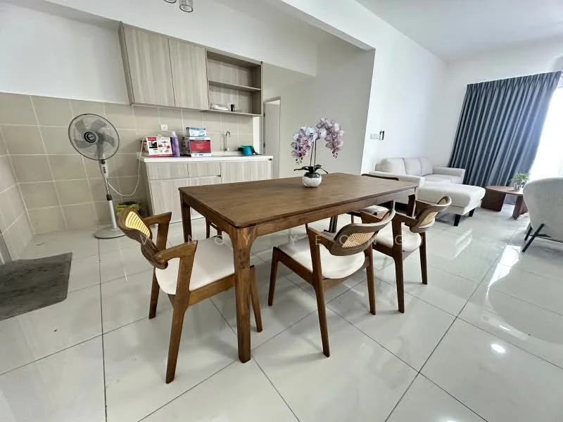 Dining features: wooden dining table, 4 upholstered dining chairs, white ceramic vase with orchids, wall-mounted kitchen cabinetry, stainless-steel sink, kitchen countertop, white tiled flooring, ceiling light fixture, floor fan, grey curtains; style: modern. Living features: white fabric sofa, coffee table, area rug, floor-to-ceiling windows, grey curtains; style: modern.