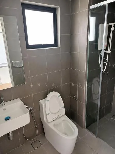 Bathroom features: grey tiled walls, grey tiled flooring, white wall-mounted sink, chrome faucet, one-piece toilet, glass shower enclosure, rain shower head, wall-mounted shower control, window for natural light; style: modern.