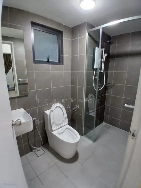 Bathroom features: grey tiled walls, grey tiled flooring, walk-in shower with glass enclosure, rain shower head, handheld shower, one-piece toilet, wall-mounted basin, framed mirror, recessed ceiling lights, shower wall with tile cladding; style: modern.