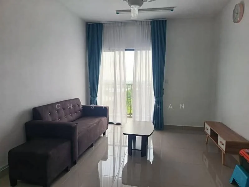 Living features: 3-seater fabric sofa in brown, coffee table, TV console, floor-to-ceiling windows, sheer curtains, blue curtains, polished tile flooring, ceiling fan with light, white painted walls; style: modern; view: city.
