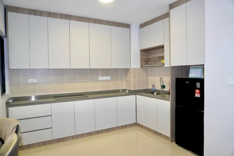 Kitchen features: white flat-panel cabinets, grey countertop, stainless-steel sink, chrome pull-down faucet, built-in oven, fridge, ceramic tile backsplash, cream tiled walls, polished tile flooring, under-cabinet lighting; style: modern.