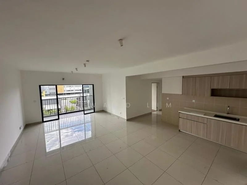 Living features: white painted walls, glossy tile flooring, floor-to-ceiling windows, sliding glass door, kitchenette with countertop, built-in cabinets, recessed downlights, open layout, balcony access, neutral color scheme; style: modern; view: city.