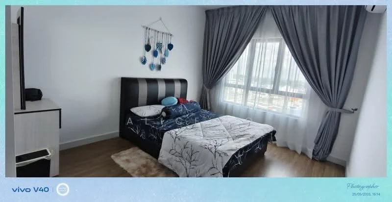 Bedroom features: queen-size bed with upholstered headboard, bedding with floral pattern, two bedside pillows, wooden flooring, floor-to-ceiling windows, sheer curtains, dark grey curtains, wall-mounted TV, decorative wall hanging, nightstand, decorative items on nightstand; style: modern; view: city.