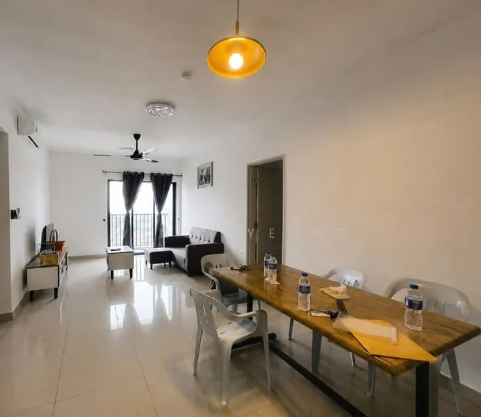 Living features: white painted walls, glossy tile flooring, 5-blade ceiling fan with light, sofa in dark grey, coffee table, wall-mounted TV, floor-to-ceiling windows, blackout curtains, decorative wall art; style: modern; view: city. Dining features: wood dining table, plastic chairs, bottled water on table, papers on table; style: modern.