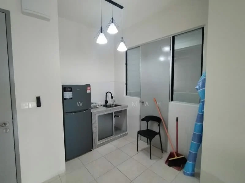 Laundry features: white walls, tile flooring, single-bowl stainless-steel sink, chrome pull-down faucet, grey fridge, window with glass panes, 3-blade ceiling fan, light fixture with three pendant lights, black chair, cleaning broom, mop, blue cleaning cloth; style: modern.