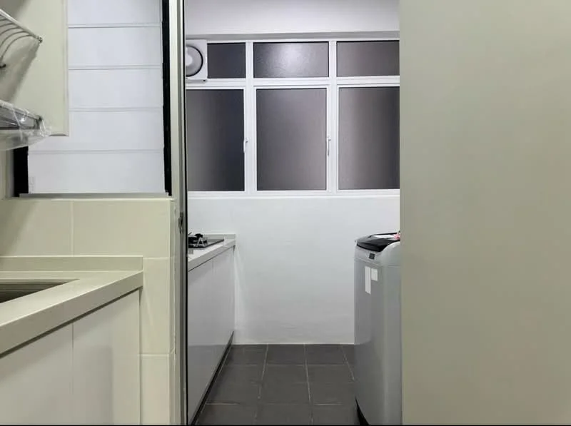 Kitchen features: white cabinetry, grey countertop, stainless-steel sink, gas stove, built-in oven, washing machine, tile flooring, window with multiple panes, wall-mounted air conditioning unit; style: modern.