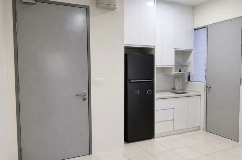 Kitchen features: white cabinetry, black refrigerator, single-bowl stainless-steel sink, chrome pull-down faucet, white countertop, tile backsplash, built-in shelving, light-colored tiled flooring, wall-mounted cabinet, grey door, grey door frame, window with blinds; style: modern.