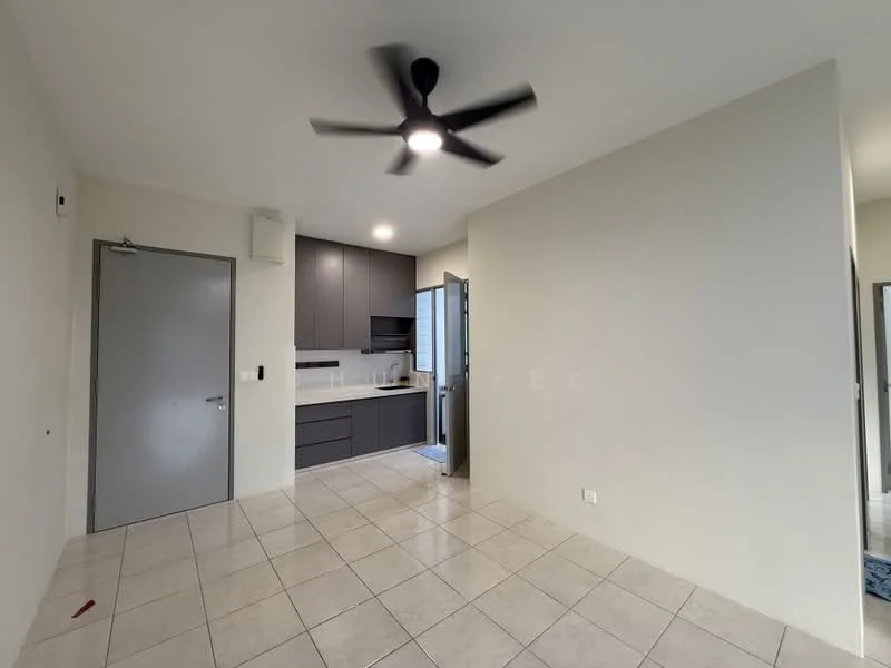 Kitchen features: grey cabinetry, white countertop, stainless-steel sink, chrome pull-down faucet, built-in oven, freestanding fridge, ceramic tile flooring, 5-blade ceiling fan, wall-mounted cabinets, open layout, window with view, light-colored walls; style: modern. Living features: ceramic tile flooring, light-colored walls, 5-blade ceiling fan; style: modern.