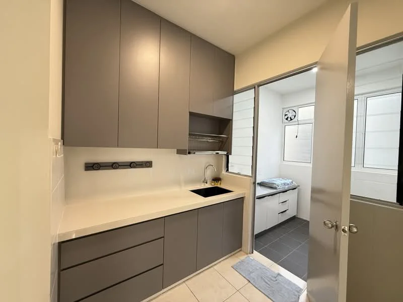 Kitchen features: grey flat-panel cabinets, white countertop, single-bowl sink, chrome pull-down faucet, wall-mounted shelving, tile backsplash, built-in oven, stainless-steel range hood, ceramic tile flooring, recessed downlights; style: modern. Laundry features: white cabinetry, grey countertop, washing machine, ceramic tile flooring, window for natural light.
