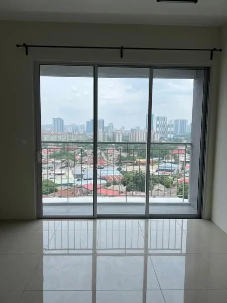 Room features: floor-to-ceiling sliding glass door, city skyline view, white painted walls, glossy ceramic tile flooring, curtain rod, balcony railing; style: modern; view: city.