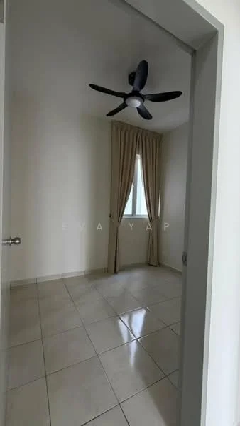 Room features: light-colored walls, tiled flooring, 5-blade ceiling fan, curtains, window with natural light.