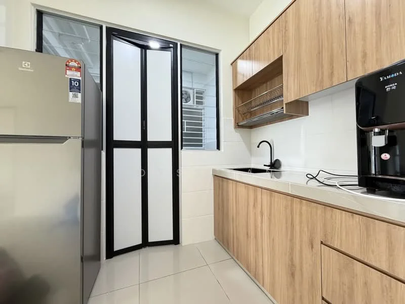 Kitchen features: stainless-steel fridge, single-bowl stainless-steel sink, black gooseneck faucet, wood cabinetry, white countertop, open shelving, built-in microwave, tile backsplash, ceramic tile flooring, window with black frame, dish rack; style: modern.