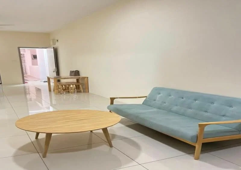 Living features: light grey fabric sofa, wooden coffee table, white tiled flooring, cream painted walls, floor-to-ceiling windows, minimalist decor, open layout, natural light; style: modern.