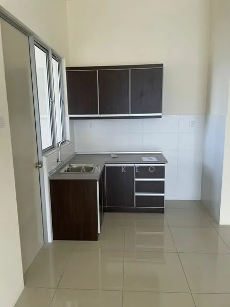 Kitchen features: dark wood cabinetry, white tiled backsplash, single-bowl stainless-steel sink, chrome pull-down faucet, countertop with integrated workspace, built-in cabinets, floor-to-ceiling window, glossy ceramic tile flooring; style: modern.