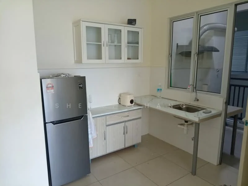 Kitchen features: white cabinetry with glass-front upper cabinets, stainless-steel fridge, single-bowl stainless-steel sink, chrome pull-down faucet, white countertop, tile backsplash, ceramic tile flooring, window with sliding glass, kitchen cabinet with countertop, built-in kitchen appliances, wall-mounted exhaust hood; style: modern.