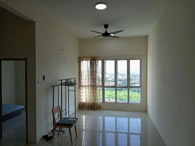 Living features: large floor-to-ceiling windows, curtains with floral pattern, white painted walls, polished ceramic tile flooring, ceiling fan, single wooden chair, metal clothing rack, view of greenery outside; style: modern; view: garden.