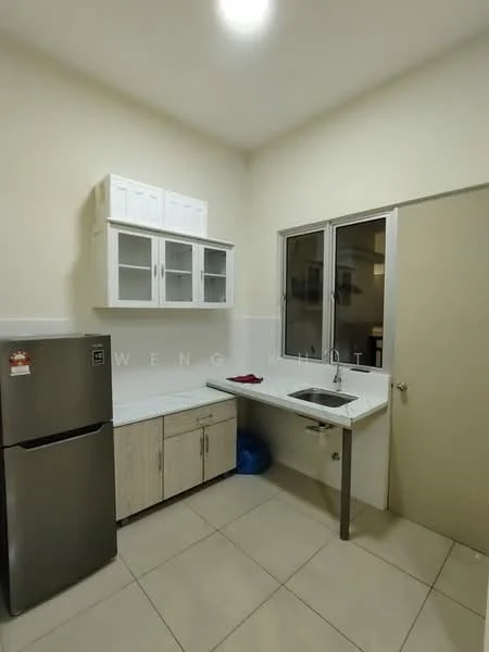 Kitchen features: stainless-steel fridge, white upper cabinets with glass doors, light wood lower cabinets, white countertop, single-bowl stainless-steel sink, chrome pull-down faucet, tile flooring, neutral painted walls, window with view to outside, door leading to another room; style: modern.