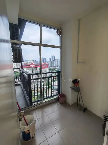 Room features: floor-to-ceiling windows, sliding glass door, grey tiled flooring, balcony railing, city skyline view, outdoor space, wall-mounted hook, small table, cleaning tools; style: modern; view: city.