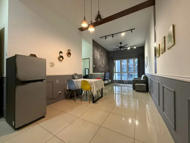 Living features: grey accent wall, white painted walls, polished ceramic tile flooring, 5-blade ceiling fan, 3 pendant lights, dining table with 4 chairs, refrigerator, sofa, large windows with curtains, decorative wall art, wooden beam ceiling; style: modern; view: city.