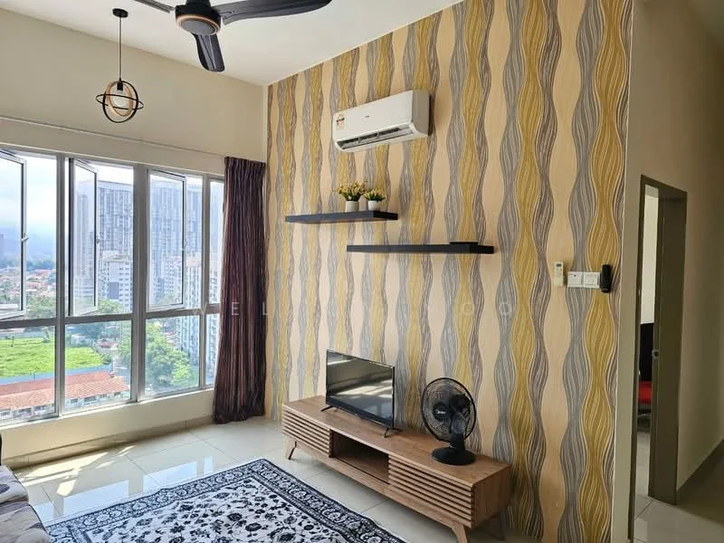 Living features: cream painted walls with wave pattern, white ceiling, recessed downlights, 5-blade ceiling fan, floor-to-ceiling windows, dark brown wooden TV console, wall-mounted TV, decorative wall shelves, black decorative fan, area rug with geometric pattern, curtains, tile flooring; style: modern; view: city.