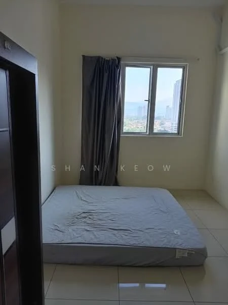 Bedroom features: single bed mattress on the floor, light-colored walls, floor-to-ceiling window, grey curtains, glossy tile flooring, city view from window, built-in wardrobe, neutral color scheme; style: modern; view: city.