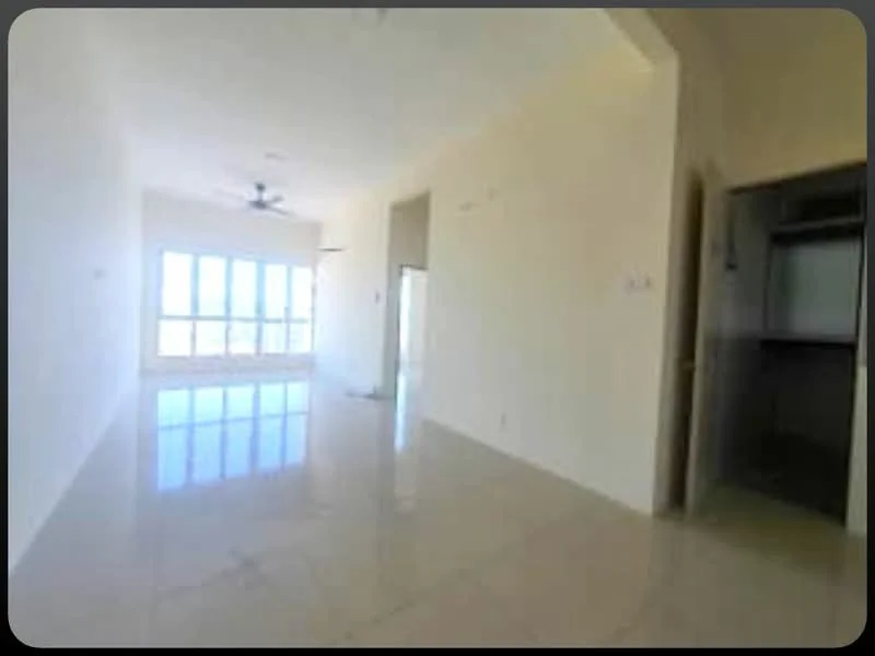 Living features: large floor-to-ceiling windows, white painted walls, glossy tile flooring, 5-blade ceiling fan, open layout, natural light, neutral color scheme, high ceiling; style: modern; view: city. Room features: doorway leading to another room, unknown wall color, unknown flooring type.