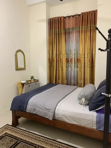 Bedroom features: queen-size bed, upholstered headboard, bedding in grey and white, two decorative pillows, wooden bed frame, floor-to-ceiling window, sheer curtains, golden patterned curtains, decorative mirror, area rug with geometric pattern, nightstand with drawer; style: modern.