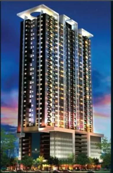Exterior type: high-rise condominium; features: glass curtain wall, illuminated facade, recessed balconies, multiple storeys, landscaped entrance, surrounded by greenery; style: modern.