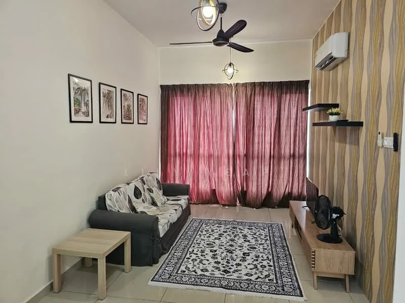 Living features: 3-seater fabric sofa in grey with patterned cushions, wooden coffee table, area rug with geometric pattern in black and white, wall-mounted TV console, freestanding fan, ceiling fan with light, floor-to-ceiling windows with sheer curtains, decorative framed artwork on walls, light-colored tiled flooring, accent wall with vertical stripes; style: modern.