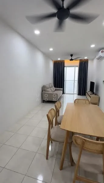 Dining features: rectangular wooden dining table, 4 dining chairs with fabric seats, white painted walls, glossy ceramic tile flooring, 5-blade ceiling fan with light, large sliding glass door, floor-to-ceiling windows with sheer curtains, TV console, sofa in light grey fabric, wall-mounted TV; style: modern; view: city.