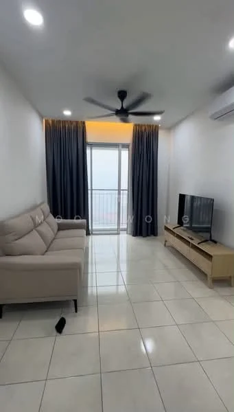 Living features: 3-seater fabric sofa in beige, floor-to-ceiling windows, sliding glass door, curtains in dark grey, wall-mounted TV, TV console in light wood, ceramic tile flooring, ceiling fan, recessed LED downlights, air conditioning unit; style: modern; view: city.