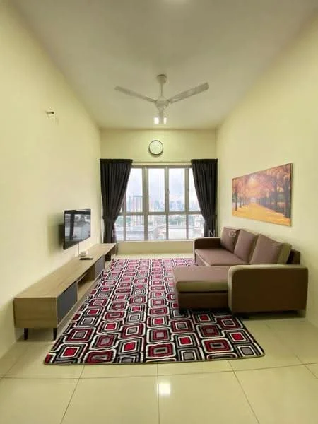 Living features: 3-seater fabric sofa in brown, coffee table, wall-mounted TV, TV console in light wood, area rug with geometric pattern in red and black, floor-to-ceiling windows, blackout curtains, ceiling fan with light, decorative wall art, clock on wall, cream painted walls, glossy tile flooring; style: modern; view: city.