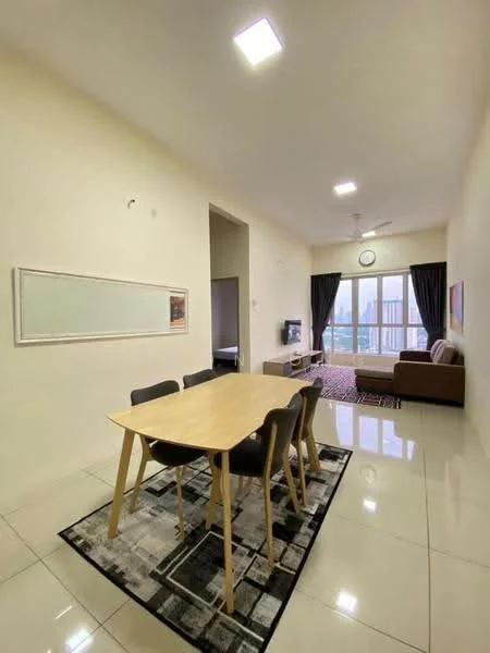 Dining features: rectangular wooden dining table, 4 black dining chairs, area rug with geometric pattern, white painted walls, polished ceramic tile flooring, recessed LED downlights, wall-mounted clock, floor-to-ceiling windows with sheer curtains, sofa in living area visible, TV console in living area visible; style: modern; view: city.