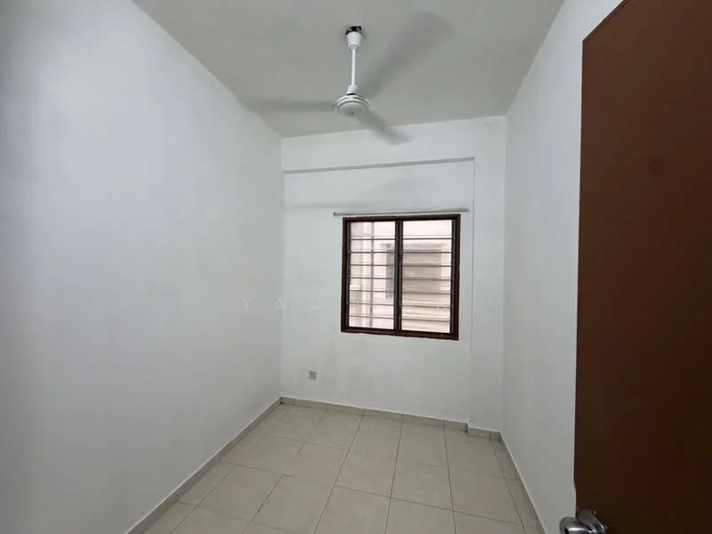 Room features: white painted walls, tile flooring, ceiling fan, single window, brown wooden door.
