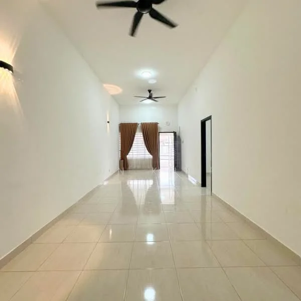 Living features: white painted walls, glossy ceramic tile flooring, high ceiling, 2 ceiling fans, large window with sheer curtains, natural light, wall sconces, neutral color scheme; style: modern.
