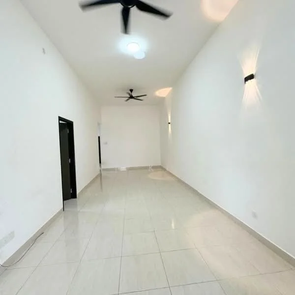 Room features: white painted walls, polished ceramic tile flooring, 2 ceiling fans, recessed downlights, wall sconces, high ceiling; style: modern.