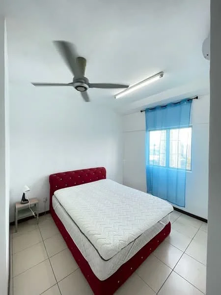 Bedroom features: queen-size bed with red upholstered frame, white mattress, white painted walls, ceiling fan, window with blue sheer curtains, tile flooring, nightstand with lamp; style: minimalist; view: city.