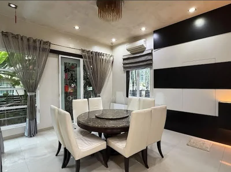 Dining features: round dining table with marble top, 6 upholstered dining chairs in white, floor-to-ceiling windows, sheer curtains, black accent wall, light fixture with decorative design, air conditioning unit, tile flooring, decorative wall paneling; style: modern; view: garden.