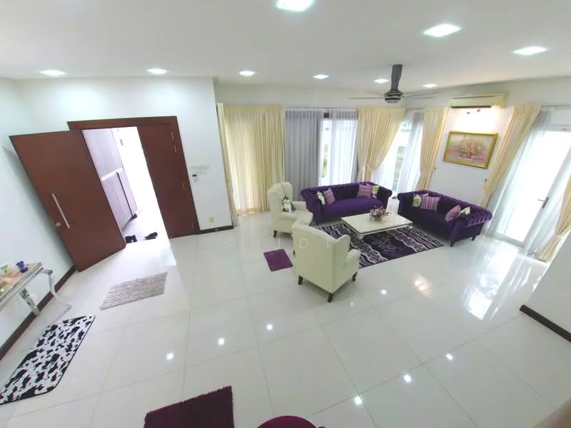 Living features: white painted walls, glossy tile flooring, 5-blade ceiling fan with light, sofa in purple upholstery, 2 armchairs in white upholstery, coffee table with decorative items, area rug with geometric pattern, curtains in sheer and solid fabric, wall-mounted artwork, sliding glass door, natural light from windows; style: modern. Room features: open doorway leading to another room, light-colored walls, tile flooring.