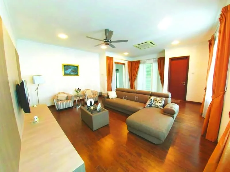 Living features: 3-seater fabric sofa in grey, L-shape sectional sofa, coffee table, wall-mounted TV, TV console, 2 armchairs with cushions, area rug, 5-blade ceiling fan with light, recessed downlights, floor-to-ceiling windows with sheer curtains, wooden flooring, orange curtains; style: modern.