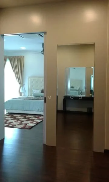 Room features: wooden flooring, white painted walls, recessed downlights, floor-to-ceiling windows, curtains, mirror, dressing table, bedroom with king-size bed, upholstered headboard, area rug with geometric pattern; style: modern.